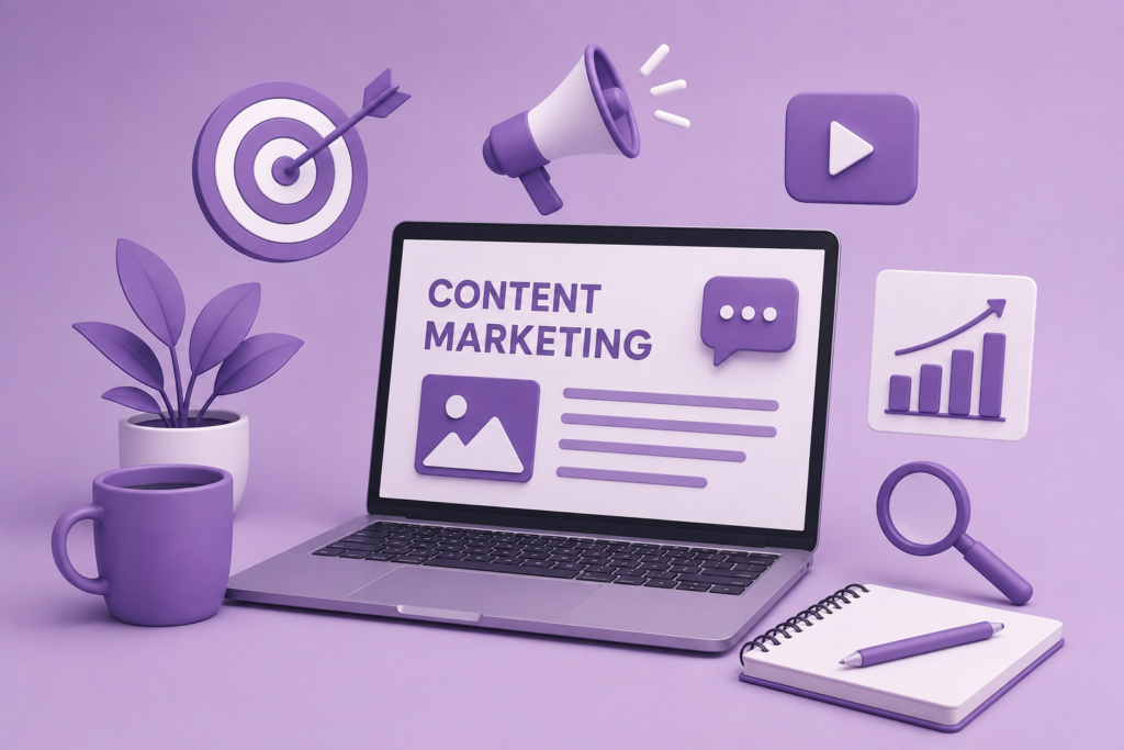 Content marketing illustration with laptop, SEO, digital marketing icons, and purple theme