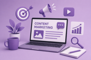 Content marketing illustration with laptop, SEO, digital marketing icons, and purple theme