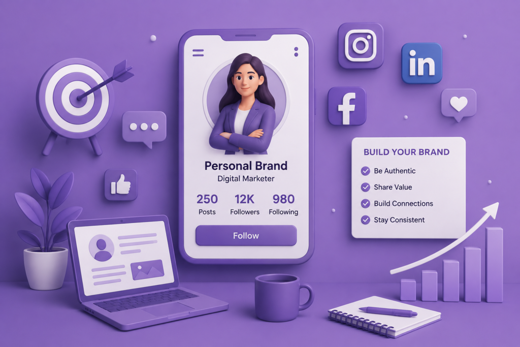 Personal branding on social media with digital marketing and growth concept