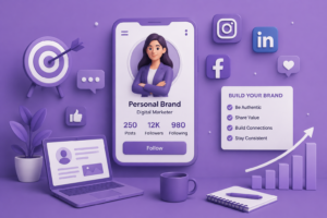 Personal branding on social media with digital marketing and growth concept